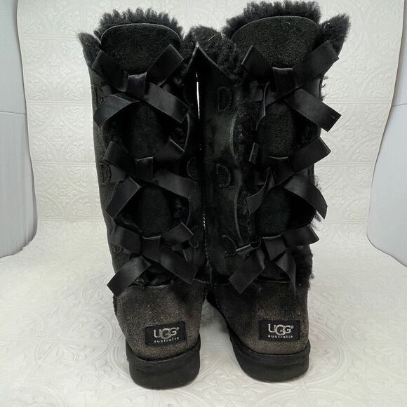 UGG Black Bailey Bow II 2 Suede Lace Up Slip On Knee High Tall Boots Size 7 - Picture 5 of 6